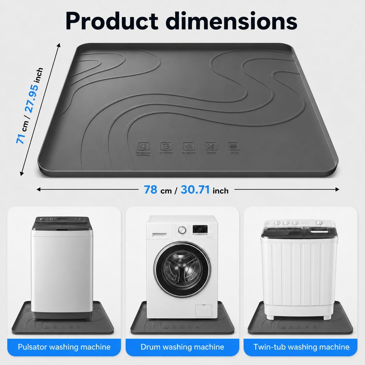 Silicone Washing Machine Drain Pan, 30" x 28", Waterproof, Non-Slip, Raised Edge, Anti-Vibration Floor Leak Protector for Laundry Room