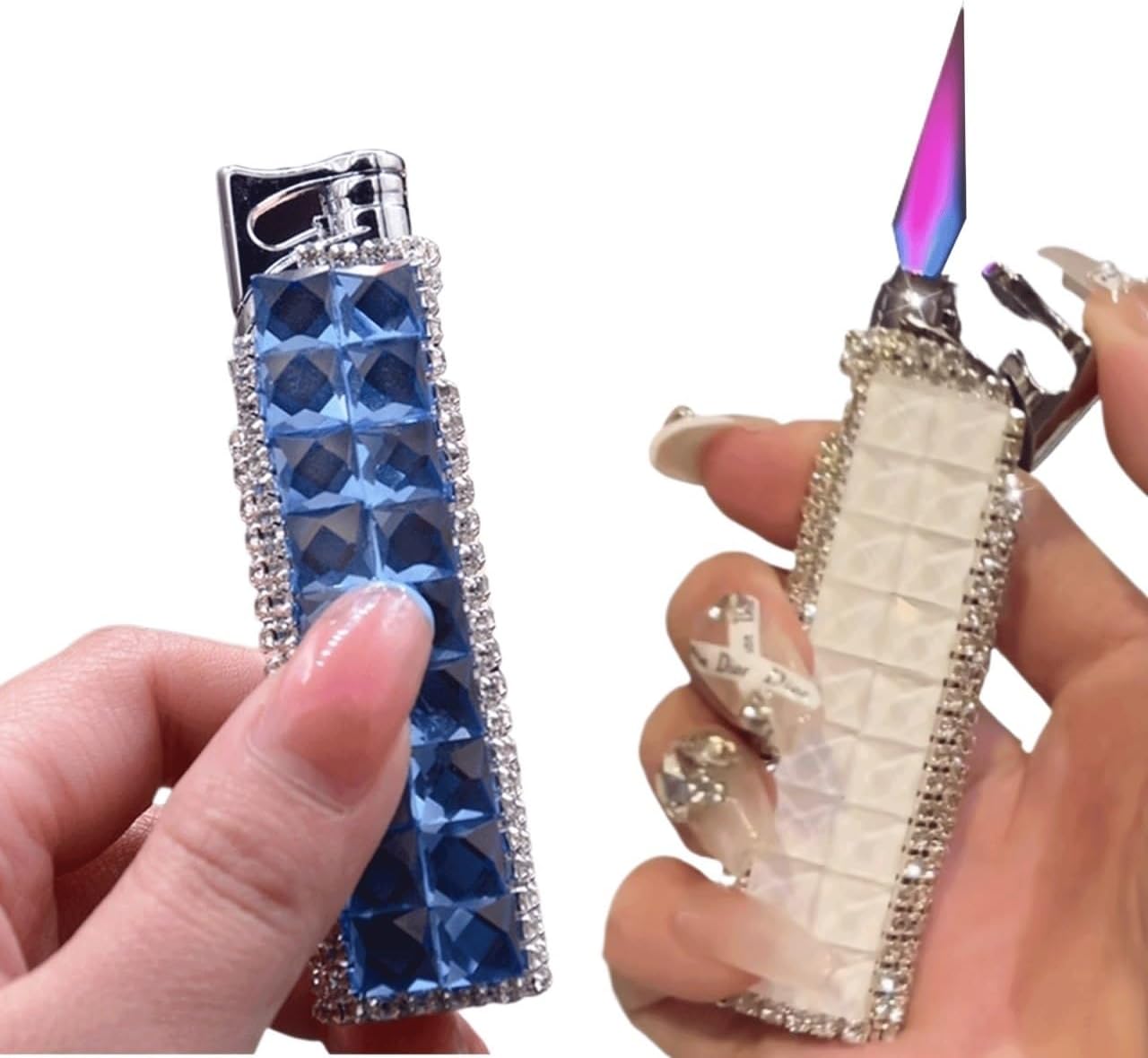 TARVIT 2pcs Mini Thin Butane Lighter，Windproof Jet Pink Blue Flame Cigarettes Lighter ，Cute Bling Glitter Rhinestone Torch Lighters Women Lady Wife Gifts (Color : Blue+White)