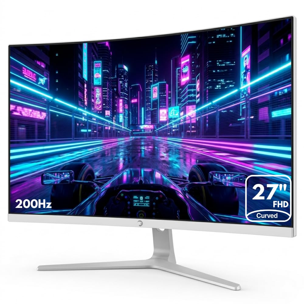 GAMEPOWER Vivid T50 Curved 27 Zoll Gaming Weiß Monitor, 200Hz, Full HD 1920x1080p, VA Panel, 0,5 ms, 125% sRGB, FreeSync & G-Sync, White PC Bildschirm, integrierte Lautsprecher