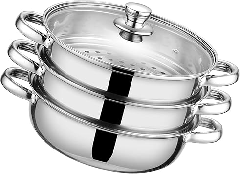 304 Stainless Steel 3 Layer Steamer Pots with Glass Lid Multipurpose Cooking Gadget for Vegetables Seafood Pastas Multi Layer Steamer for Stove