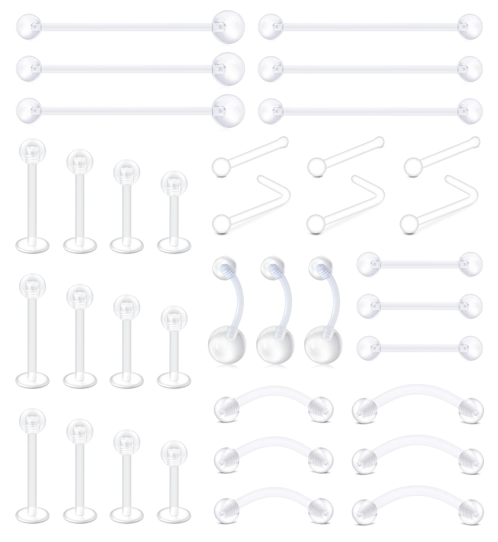 MODRSA Piercing Corporal Kit Transparente Piercing Nariz Anillos Plástico Barras Ombligo Labret Labios Ceja Pezón Lengua Mujer Claro Tragus Helix