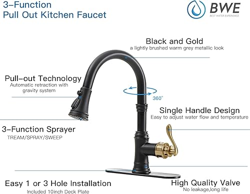 Miniatura 6 de BWE Grifo de cocina negro con rociador desplegable y mango único dorado, arco alto, 3 modos de pulverización, grifo de fregadero de cocina