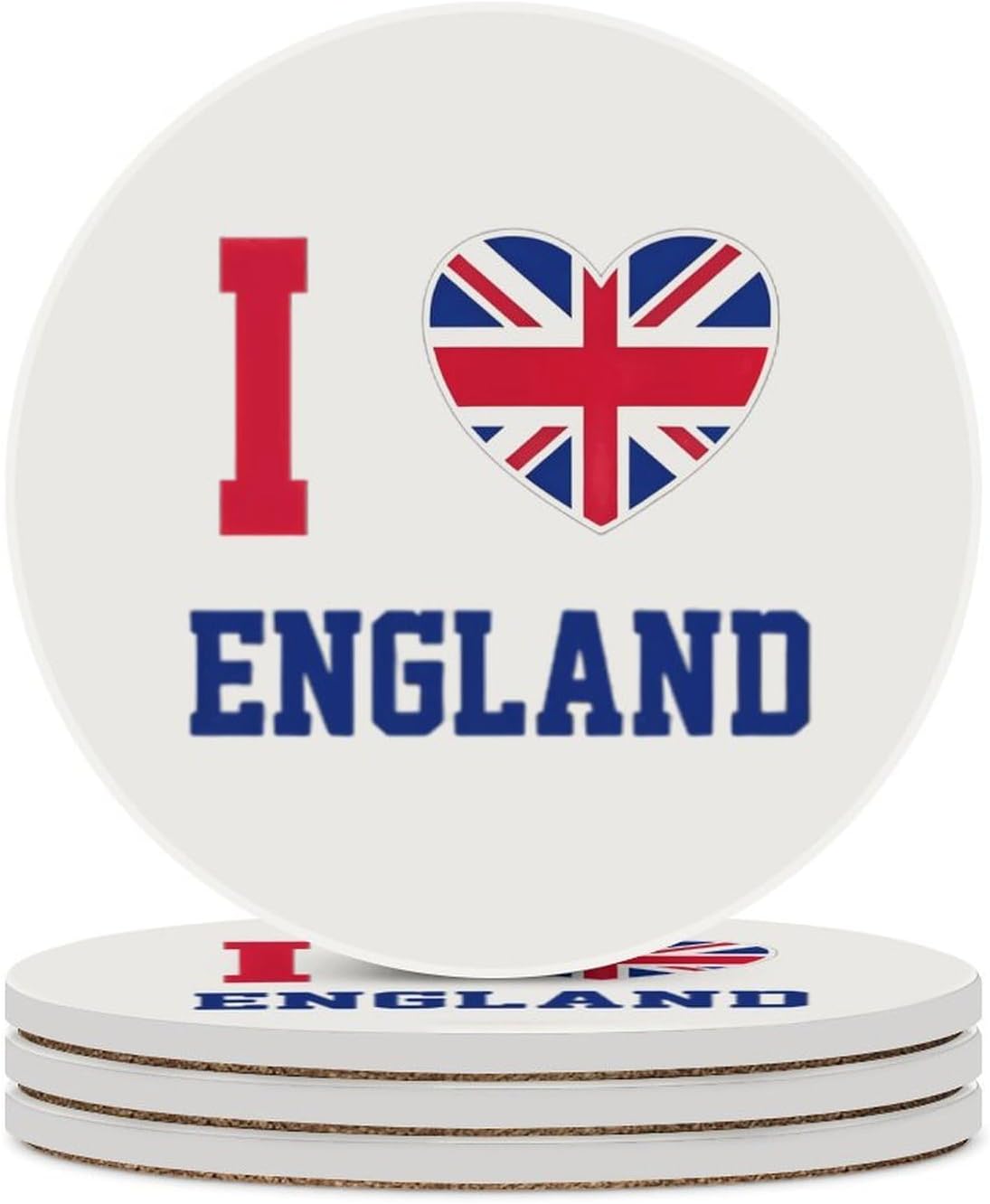 I Love Britain United Kingdom England Round Ceramic Coasters Print Drinks Absorbent with Cork Base for Home Decor Gifts 4 Inch