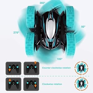 Remote Control Car: Double Sided 360Rotating 4WD RC Cars 2.4GHz Electric Race Stunt Toy Car Rechargeable Toy Cars for 6 7 8 9 10 11 12 Year Old Boys Girls Kids Christmas Birthday Gifts Cyan
