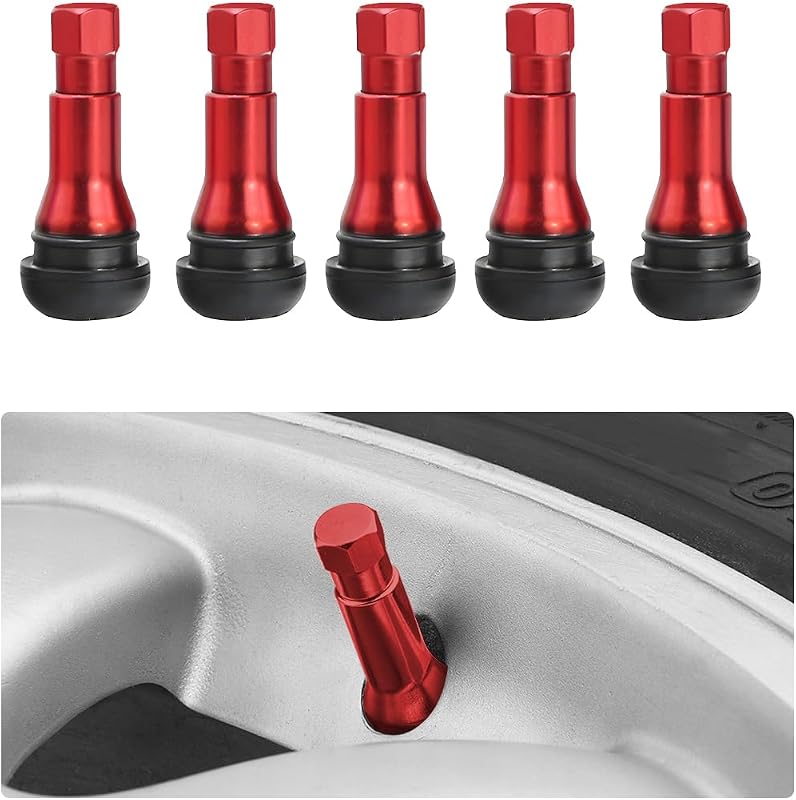 KVAEY 5 PCS TR413AC Tire Valve Stems, Chrome Rubber Tubeless Valve Stems Suit for 0.453 inch Rim Holes, Snap-in Tyre Metal Stems for Standard Vehicle Tires, Car Accessories (Red)