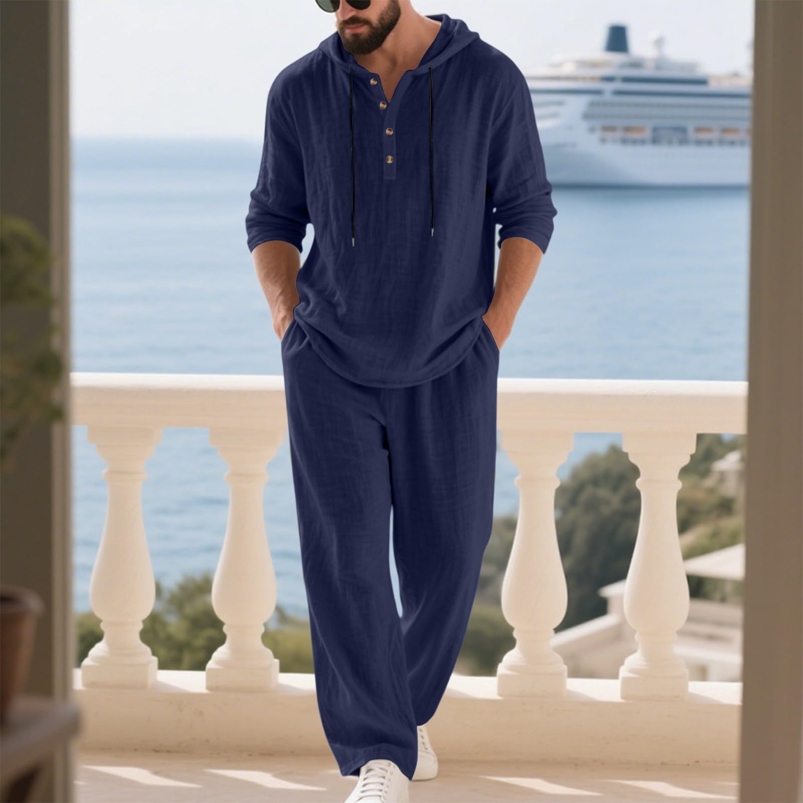 Ensemble Lin Homme 2 Pièces Été,T-Shirt À Capuche Et Pantalon Tenues D'Été Manches Longues Ensemble Jogging Homme Chemise Boutonnée Survêtement Ensembles Streetwear Loisirs Confortable
