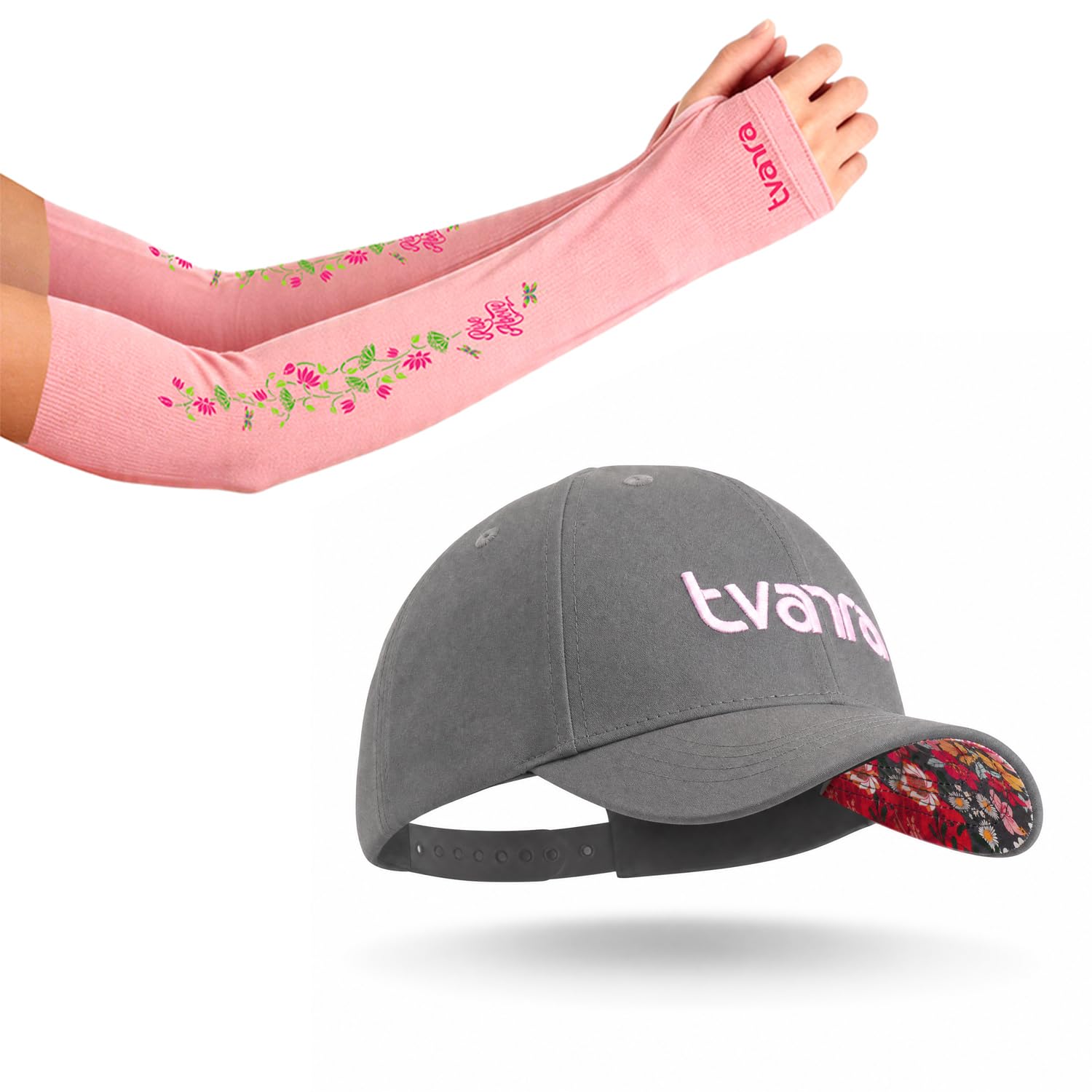 TVARRA Women's Cap and Arm Sleeves Rise Above Combo, UPF 50+ Anti-Tan UV Protection, Quick Dry, Breathable Cotton, Bike Riding, Running, Cycling & Monsoon Use (Grey + Pink)