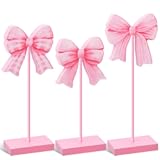3 Pcs Small Pink Bow Wooden Sign Tall Standing Block Coquette Room Decor Bow Centerpieces for Table Topper Girly Coquette Party Tiered Tray for Nursery Bedroom Birthday Wedding Bachelorette Bridal