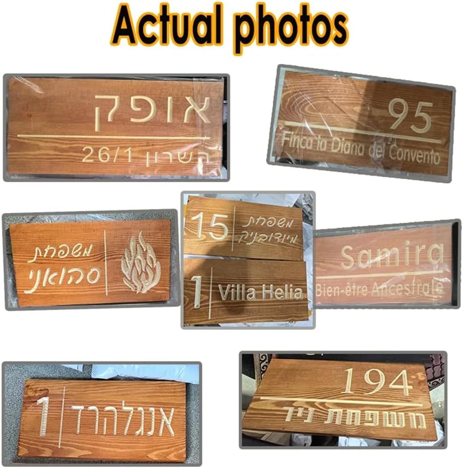 Personalized Wood House Number Plate with Solar Light Sign in Hebrew Any Languages House Number Outdoor Entrance Sign For home (Black B)