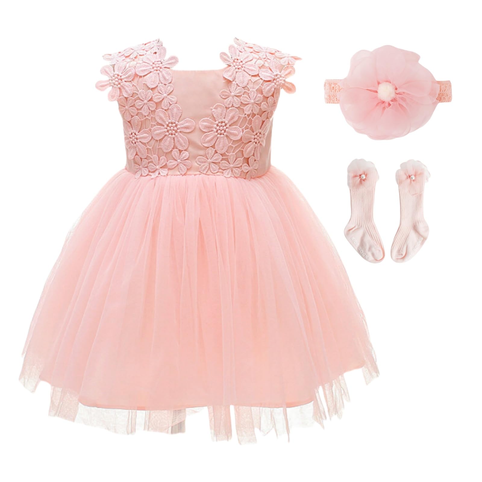 Abito Bimba Battesimo con Tulle Sfumato Arcobaleno,Abito da Festa Principessa Senza Maniche con Fiori e Pizzo,Vestito Elegante per Bambina 6-24 Mesi,Regalo per Cerimonie