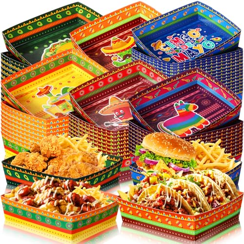 Harloon 36 Pack Large Mexican Paper Food Trays 5 lb Disposable Fiesta Snack Nacho Boats Cinco De Mayo Party Food Serving Trays for Mexican Themed Party Supplies(Bright)