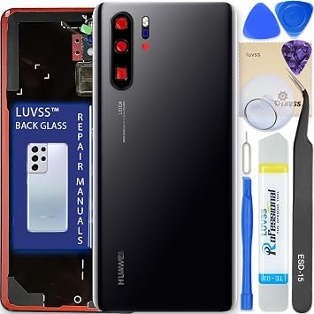LUVSS Back Glass Cover Replacement Compitable for Huawei P30 Pro Rear Cover + Camera Lens + Repair Manual DIY Tools Kit Black