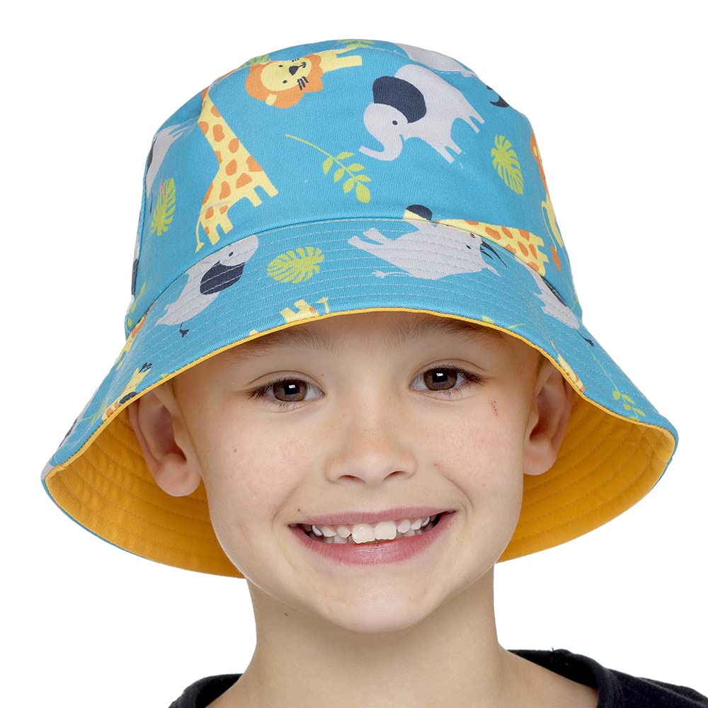 IUEG Kids Girls Boys Double Sided Embroidered Reversible Bucket Sun Protection Hat Wide Beach Caps, Animal Print, 7-10 Years