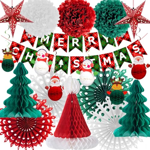 Image of Paper Christmas Decorations Large Hanging Honeycomb Merry Christmas Banner Tree Snowflakes Stars Santa Snowman Paper Decorations Hanging Xmas Baubles Indoor Ceiling Wall Party Retro Decor