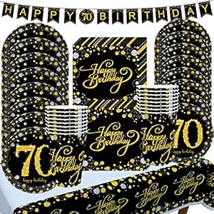 Deko 70. Geburtstag Partygeschirr Männer Frauen, 70 Geburtstag Pappteller Servietten Tischdeko, Schwarz Gold Set mit…