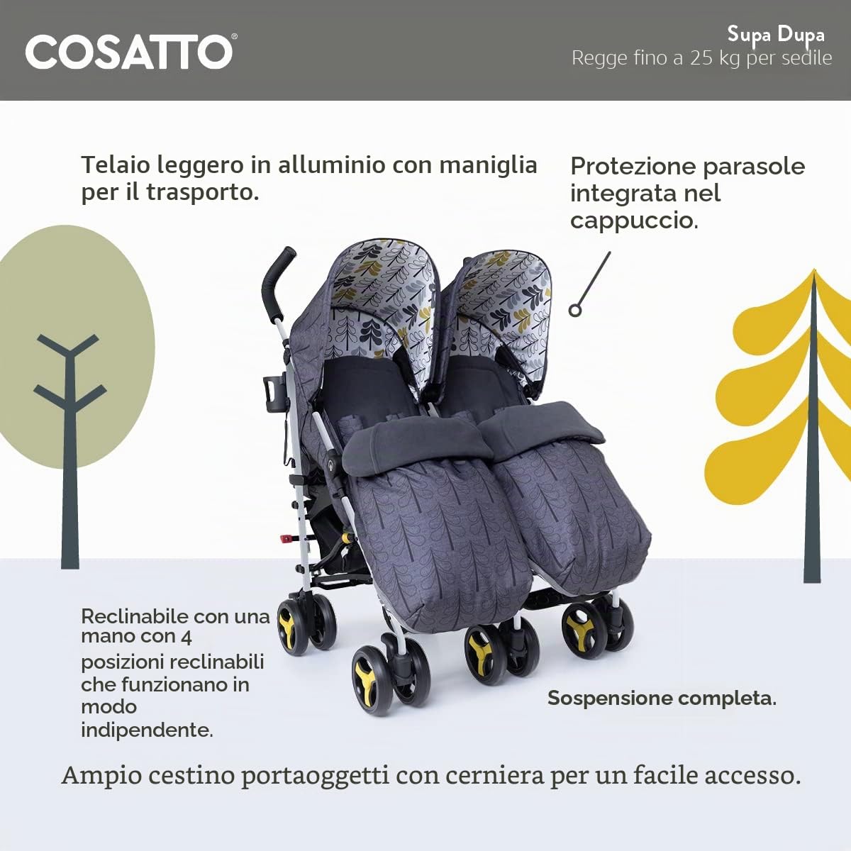 Cosatto Supa Dupa - Passeggino doppio, 0-25 kg, leggero, pieghevole, compatto, con coprigambe, portabicchieri e parapioggia (sagoma nera)