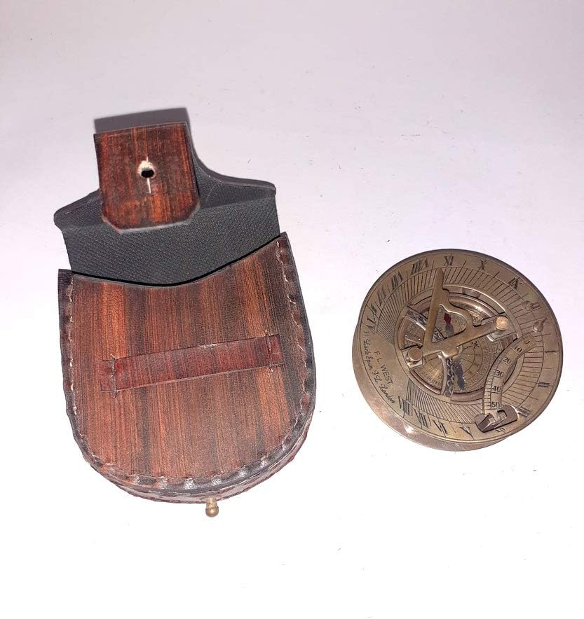 Vintage Brass Sundial Compass with Lather Case - Directional Magnetic Compass for Navigation/Sundial Pocket Compass