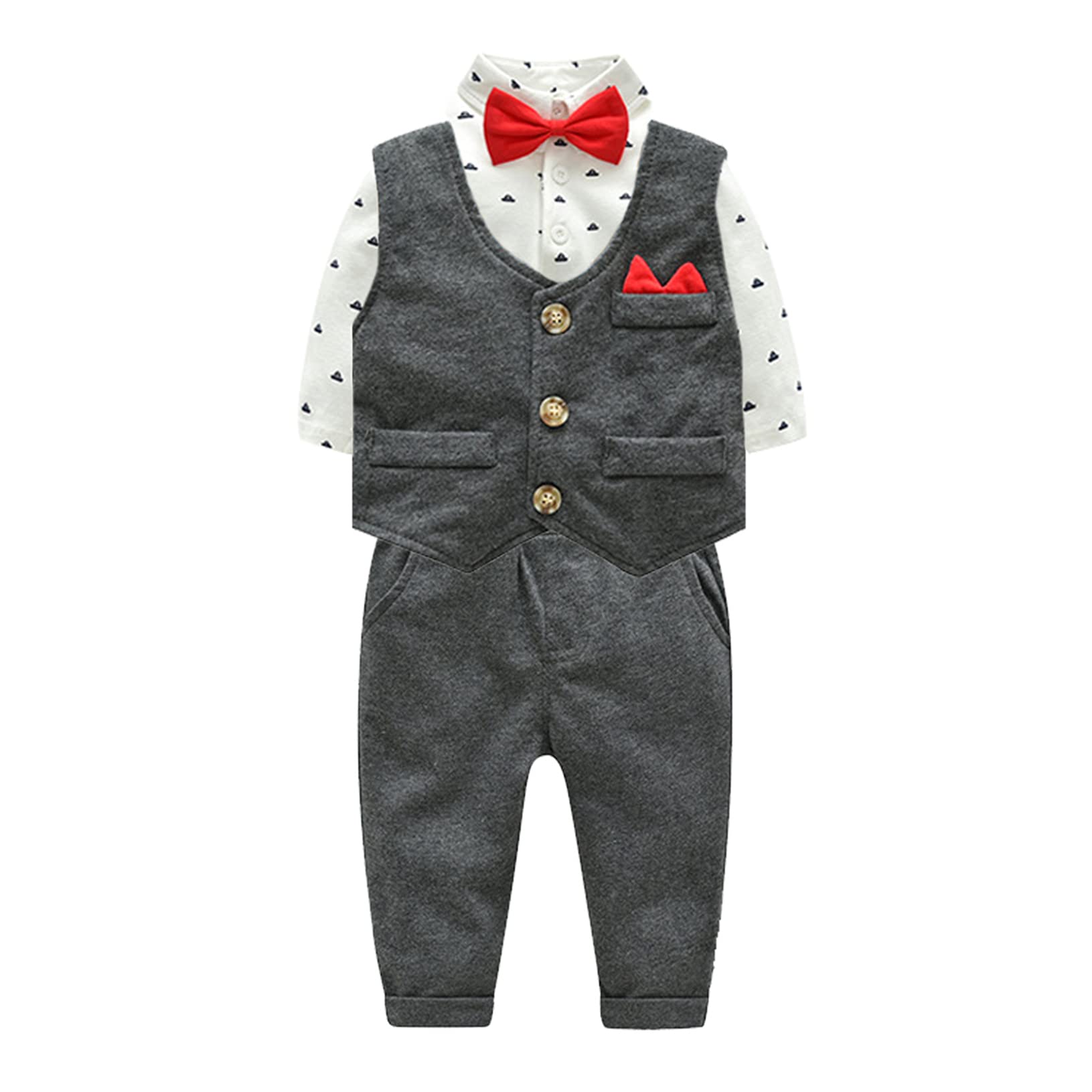 Yeahdor 4Pcs Toddler Baby Boy Gentleman Outfit with Formal Shirt Bow Tie Vest Pants Wedding Tuxedo Suit Grey 2-3 Years
