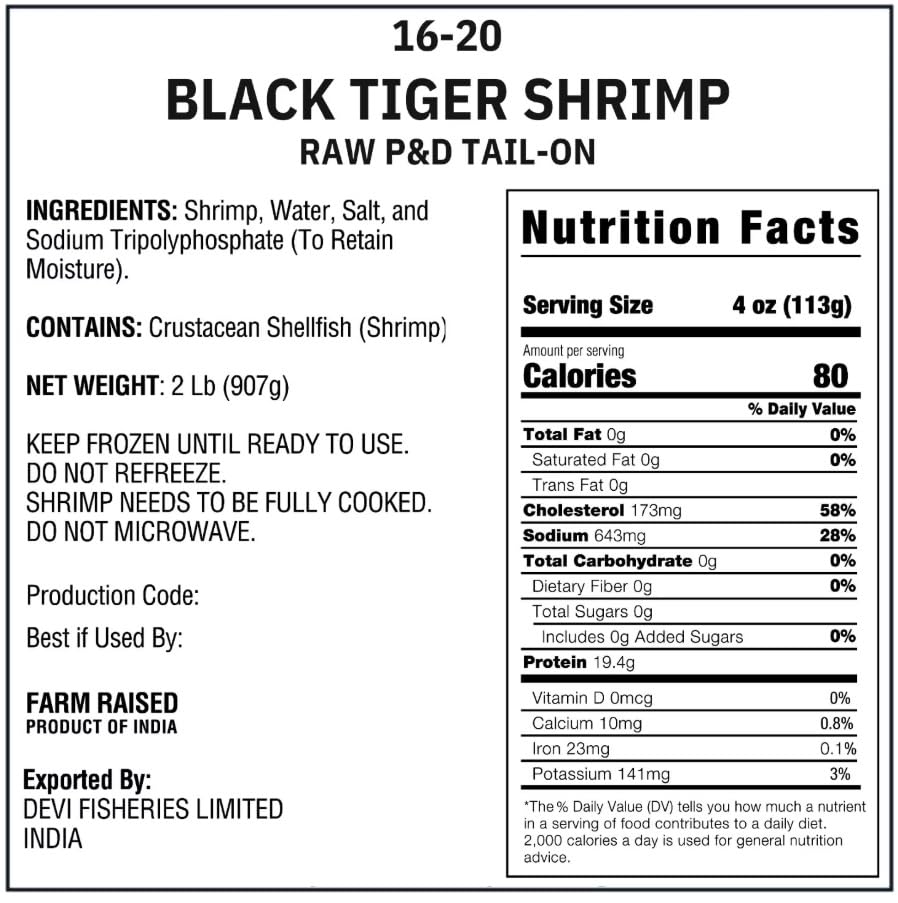 Farm Raised Extra Jumbo Raw Black Tiger Shrimp, Tail on and extra jumbo size, Peeled and deveined, 2.5 pound