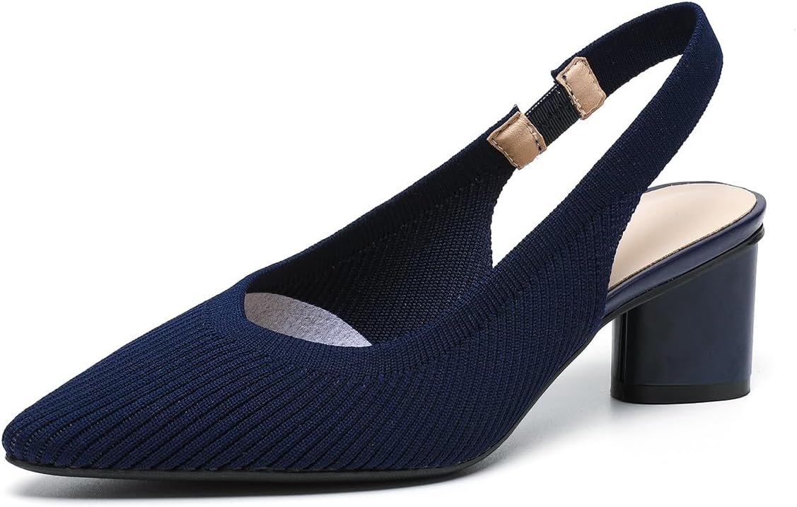 Women's Slingback Knitted Pointed Toe Pumps Comfortable Elastic Band Chunky Heels Pumps