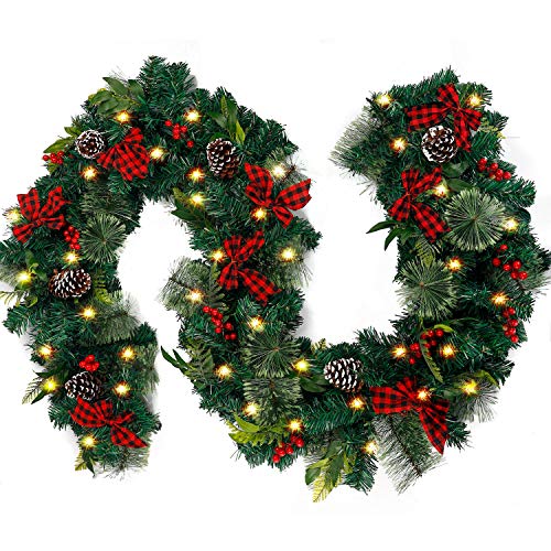 FUNARTY Christmas Garland with 50 Lights, 9ft Lighted Garland for Christmas Decoration Outdoor Indoor Party, Winter Holiday Xmas Decor