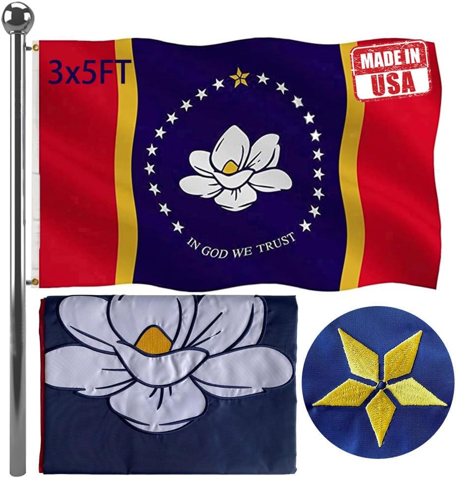 Jayus Embroidery New Mississippi Ms State Magnolia Flags 3x5 Outdoor Double Sided Heavy Duty Mississippi Ms Flag Banner with 2 Grommets
