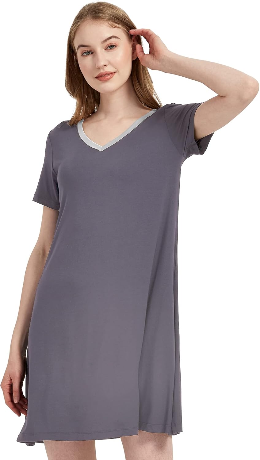 GYS Womens Bamboo Viscose Nightgown, Silky Soft Lightweight Short Sleeve Sleep Dress with Satin V-Neck for Hot Sleepers - Image 6