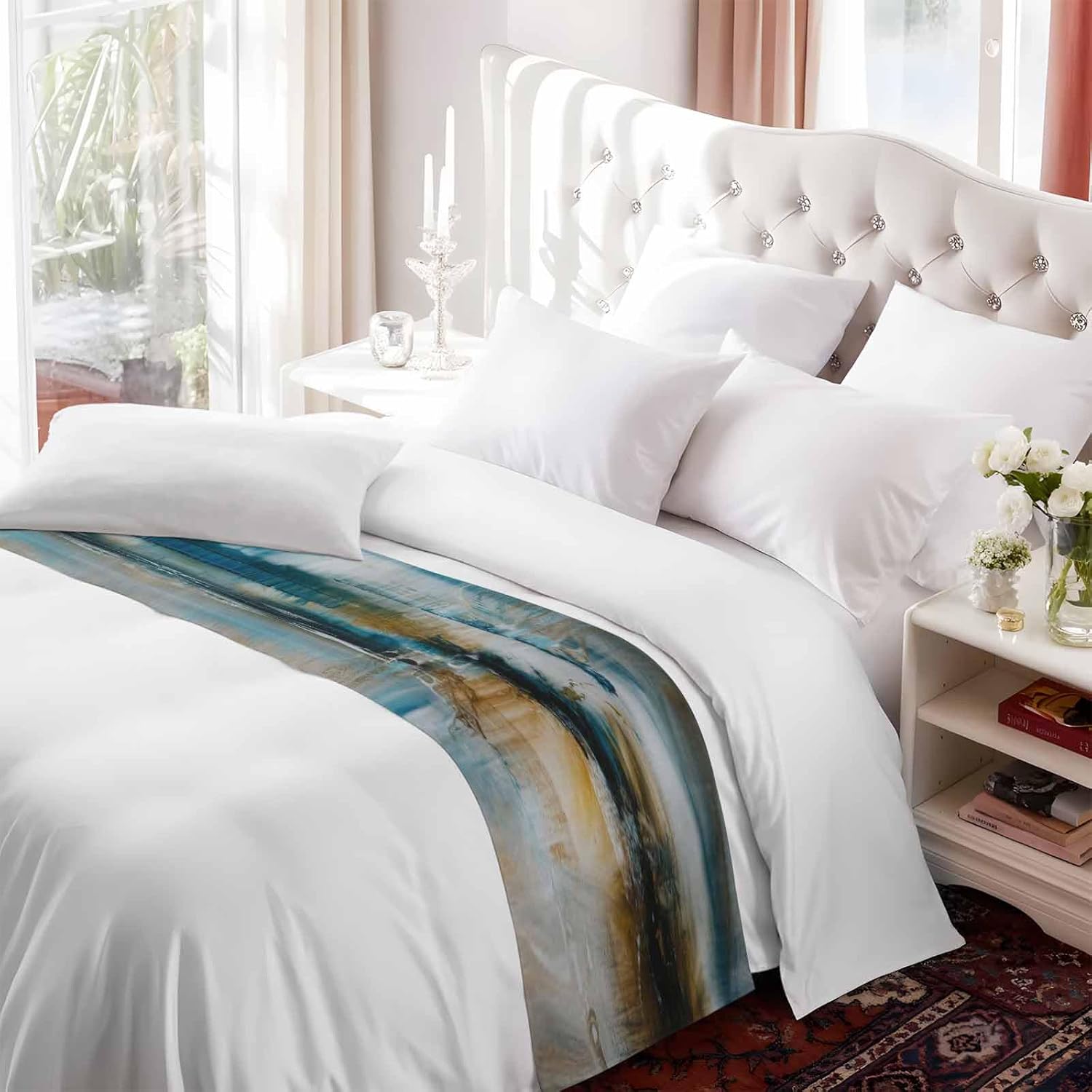 Abstract Mottled Turquoise Green Gray Art Bed Runners for Bedroom Hotel,Decorative Bedding Scarf Retro Painting Bed End Blanket Bedding Runner Scarves for King Size Bed,102x20in