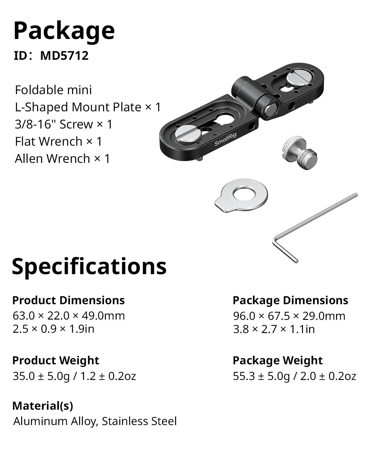 SMALLRIG Składana miniaturowa płytka montażowa w kształcie litery L, adapter montażowy ze śrubą 1/4''-20 i wyjmowanym trzpieniem ustalającym, maks. udźwig 1,2 kg (2,6 funta) - MD5712