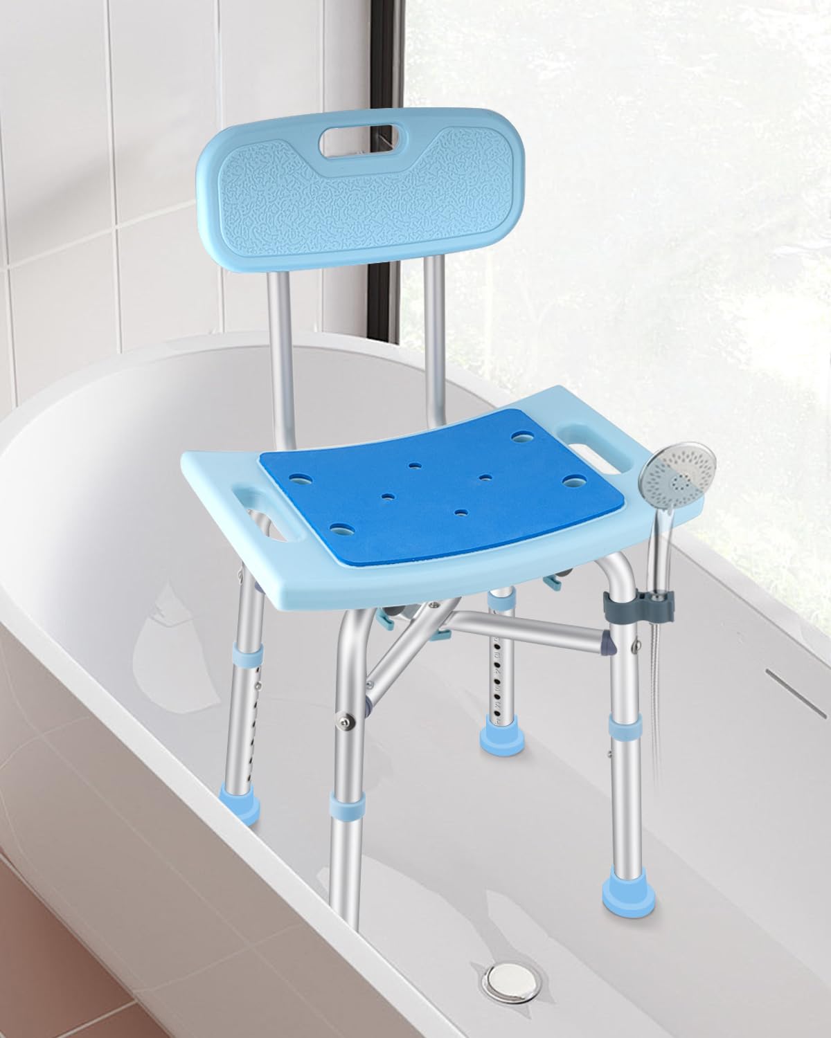 Taburete de ducha con respaldo extraíble, silla de ducha para personas mayores, soporta 220 kg, altura regulable 42-50 cm, asiento de ducha de aluminio, silla de baño, taburete para bañeras
