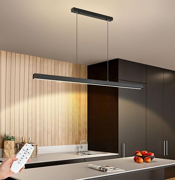 SENFAY Lámpara Colgante LED Moderna, 120cm Lampara Colgante isla cocina Regulable con Control Remoto, 48W Lampara comedor Negro diseño lineal, Iluminación Colgante Oficina regulable altura - 1
