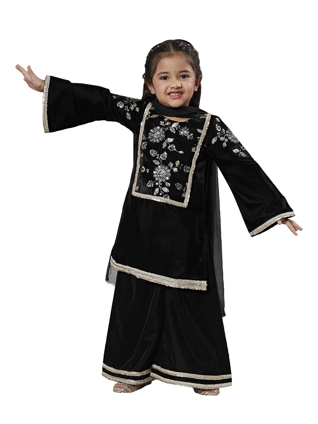 VASTRAMAY Kurta-Set für Mädchen mit Dupatta – Vetvet bestickter Kurta-Palazzo und Dupatta-Set für Mädchen