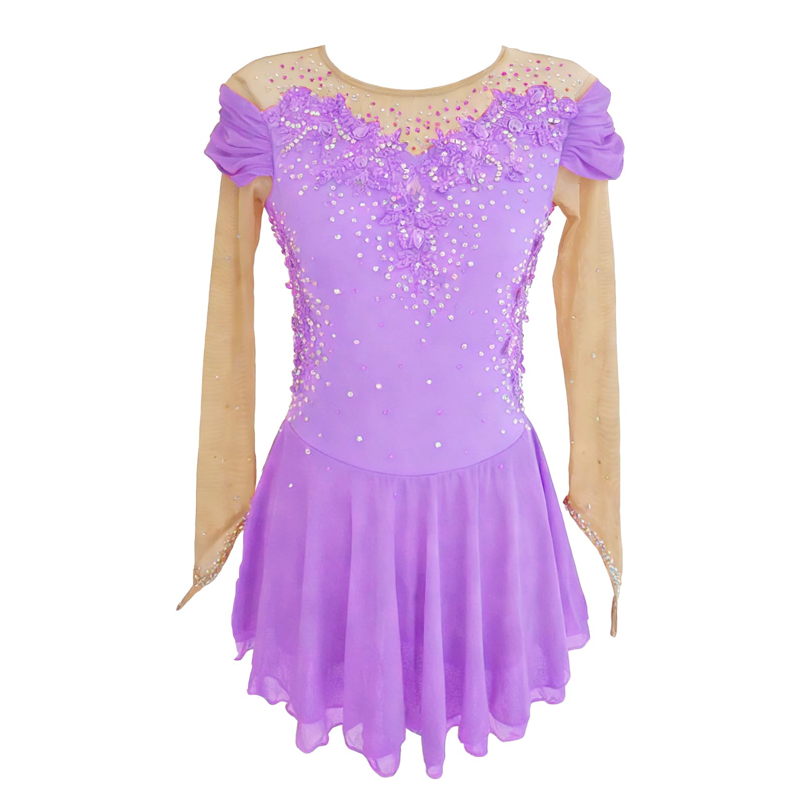 LIUHUO Eiskunstlaufkleid für Mädchen und Damen, Lange Ärmel, Wettkampf, elastisch, bequem, atmungsaktiv, Polyester