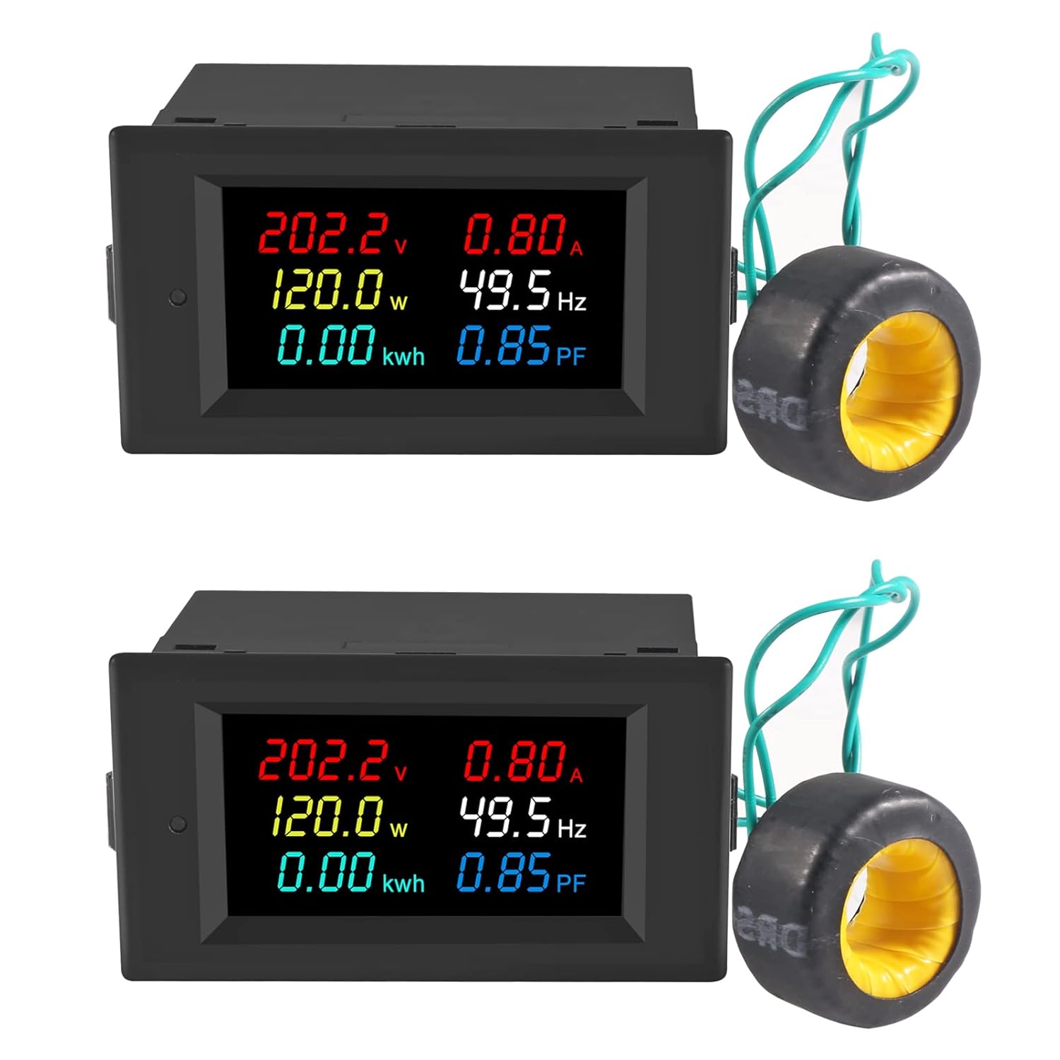 AC Display Meter 80-300V 100A Voltage Current Power Factor Frequency Electric Energy Monitor Ammeter Voltmeter Multimeter Tester 110V 220V Digital Color LCD Volt Amp Watt Detector Reader Panel (2PCS)