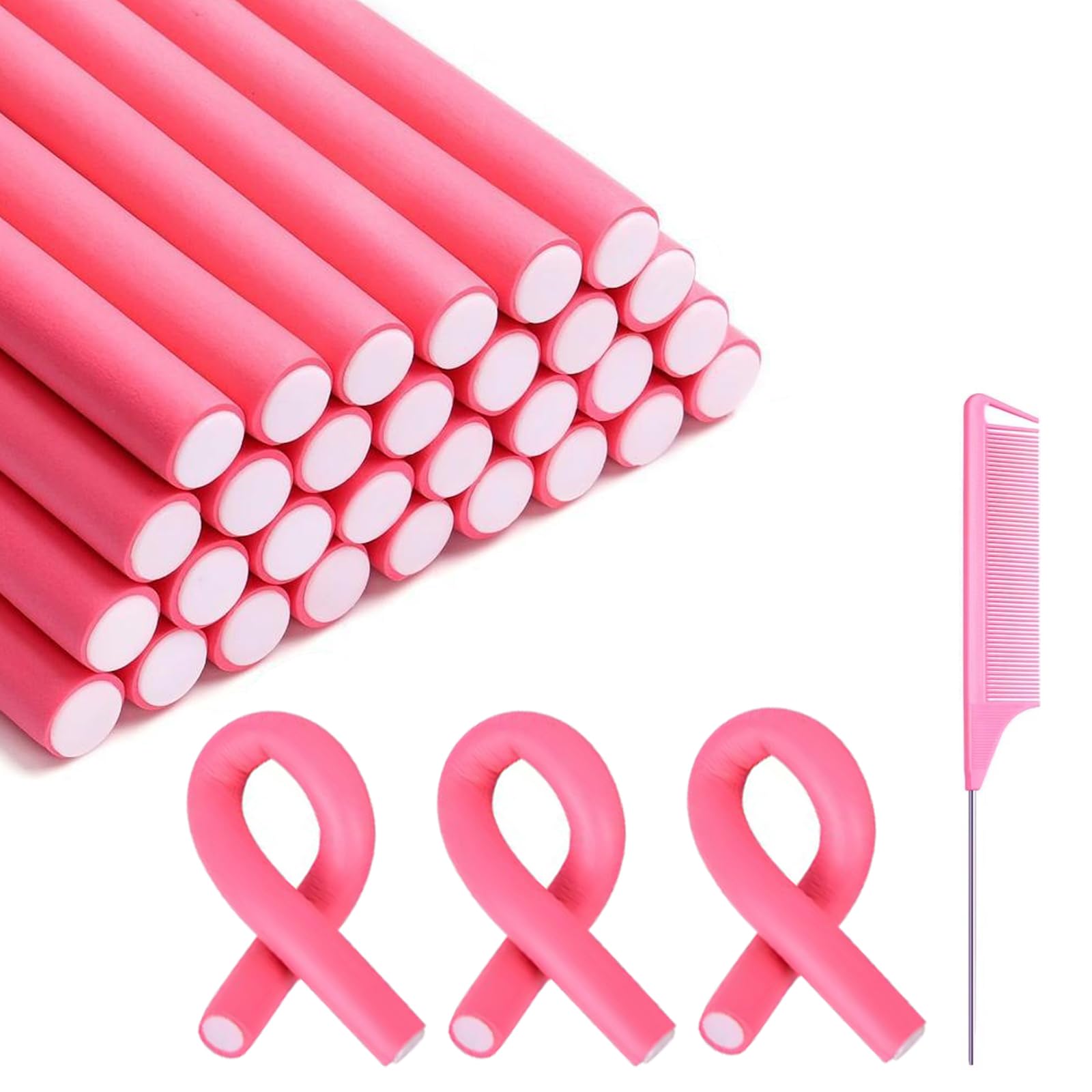 Locken bez ciepła Lunyloer, 30 sztuk elastyczne papiloty 240mm o średnicy ø14mm, skręcane papiloty z pianki, papiloty na noc dla długich włosów (różowe)