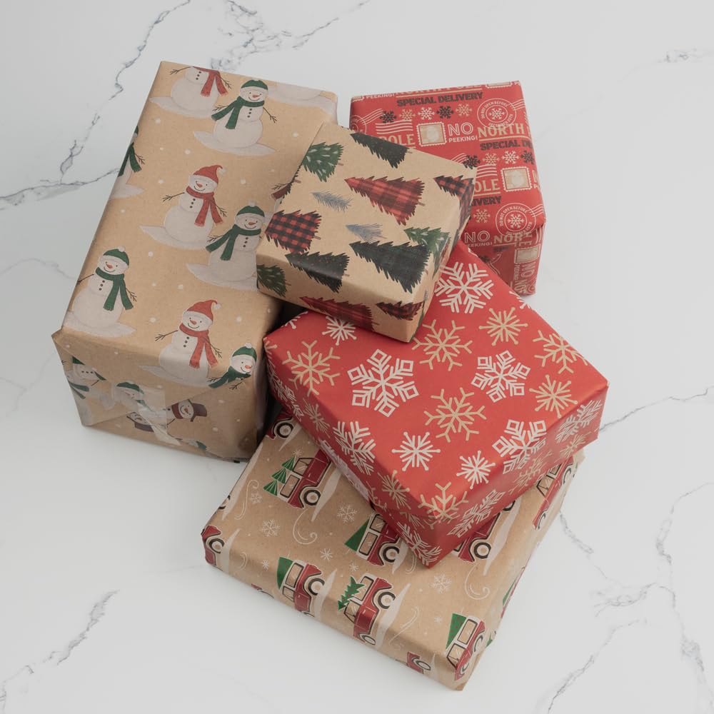 JAM Paper Geschenkpapier, Weihnachtsgeschenkpapier, Kraftpapier, insgesamt 125 m², 5 Rollen/Packung