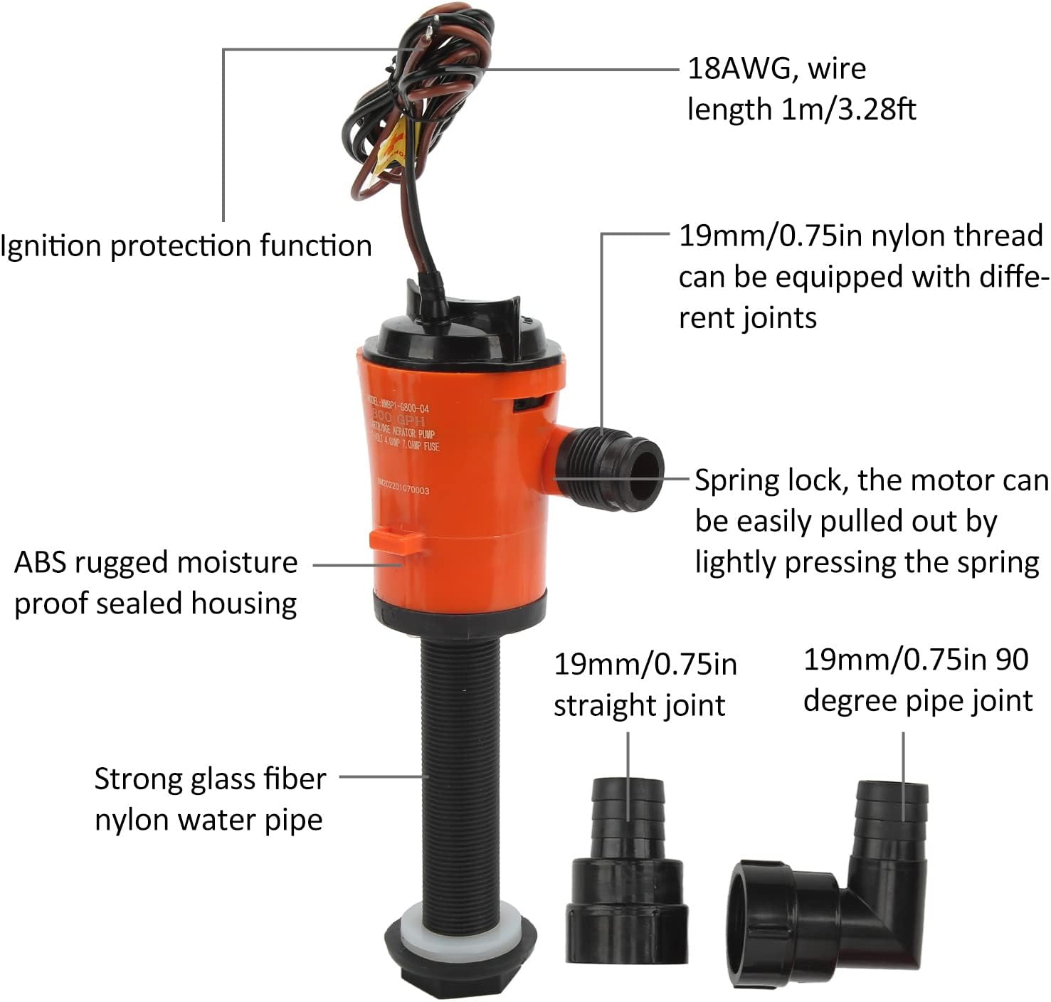 Pissente Modern 12V 4.0A 800GPH Aerator Livewell Pump, Portable Fish Bait Aerator, Submersible, Boat Marine Yacht Accessories