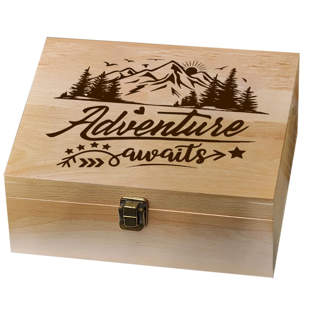 arricraft Scatola Dei Ricordi In Legno Da 1 pezzo, Scatola Dei Ricordi Adventure Awaits con Coperchi Incernierati, Baule Dei Ricordi per Souvenir, Foto, Lettere 24.5x19.5x10.3cm