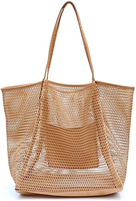 Pinsheng Bolso de Malla, Grande para Playa, Bolso de Hombro con Bolsillo Interior, para Mujer, Bolso de mano Impermeable Plegable para picnic, vacaciones, compras
