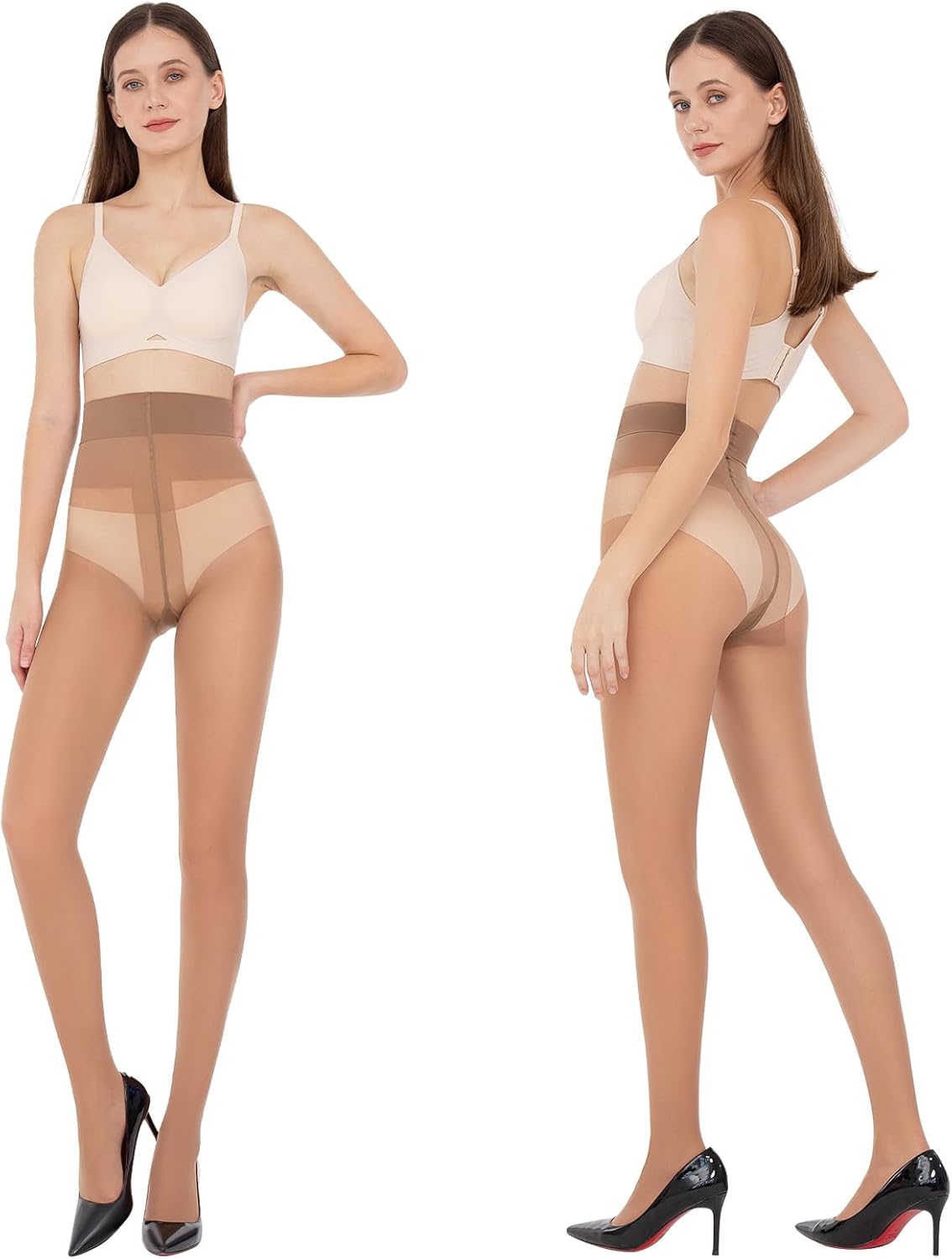 2 Pairs T-Crotch Rip Resistant High Waist Pantyhose with Reinforced Toes 10 Denier Ultra Thin Sheer Tights for Women - Image 2