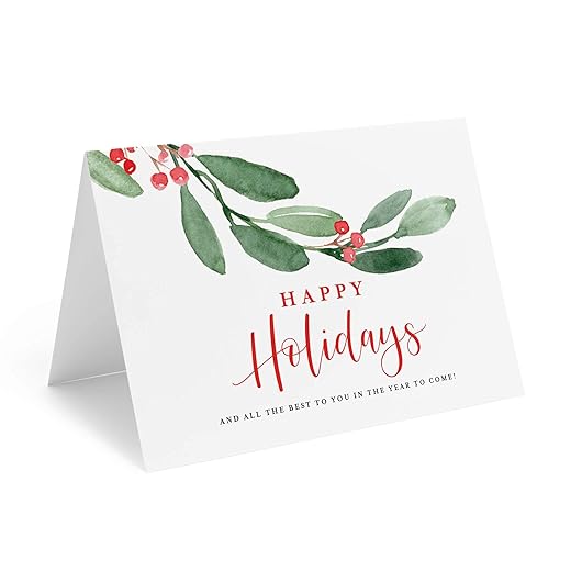 Bliss Collections Christmas Greeting Cards with Envelopes, Happy Holidays, Greenery Foliage Winter Design Perfect for the Holiday Season, 4"x6" (25 Cards and Envelopes)