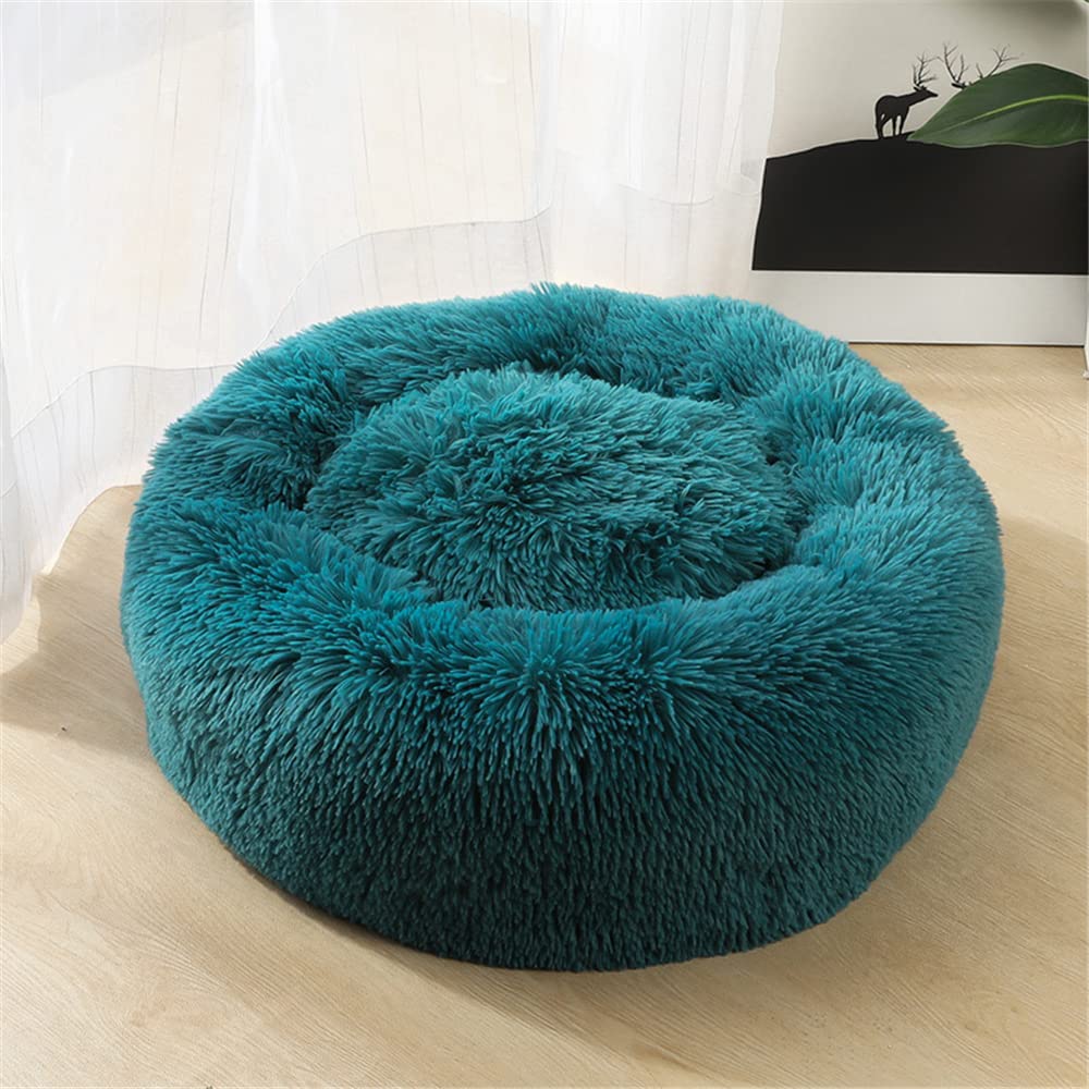 Lukery Dog Cat Donut Bed, Fluffy Plush Puppy Kitten Cuddler Round Bed, Warm and Soft Pet Cosy Anti Anxiety Beds for Small/Medium/Large Dogs (100CM,dark cyan)