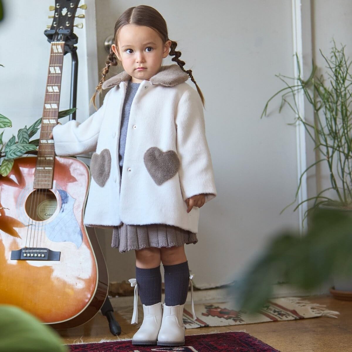 [プティマイン] 洗える ファー衿ハートポケットコート ベージュ 100cm