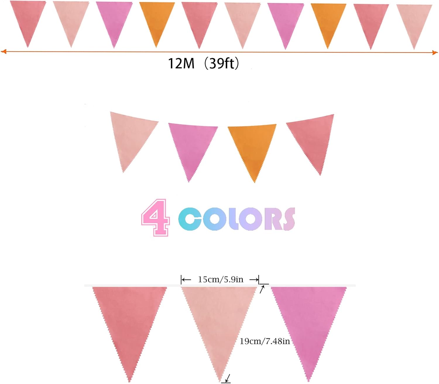 Zwiebeco 39Ft Orange Pink Fabric Bunting Banner Triangle Flags Party Decorations Hanging Cotton Garland Pennant for Engagement Wedding Baby Shower Birthday Festivals Nursery Home Outdoor Garden - Image 2