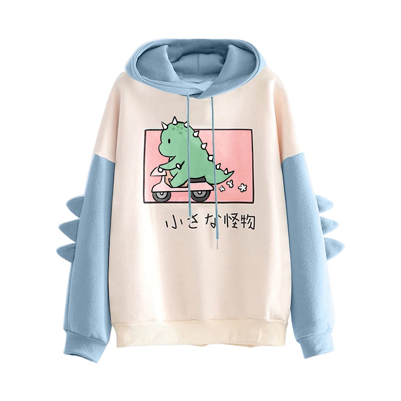 XXBR Pullover for Womens, Teen Girls Cute Dinosaur Color Block Patchwork Hooded Sweatshirts Fall Kawaii Casual Hoodies - 130- Blue Medium