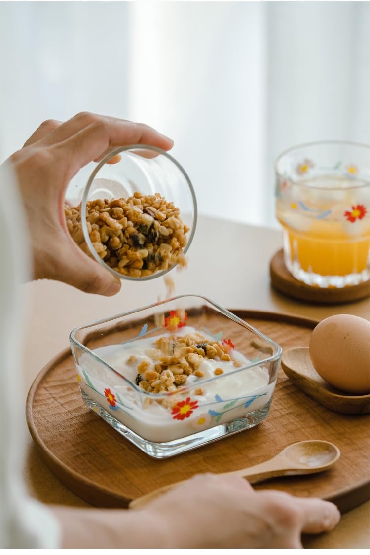 Ivymei 2 Pack Small Dessert Bowl Floral Candy Bowl Dish,Mini Square Glass Bowl for Candy Snack Yourt,Icecream,Dipping,Side Dishes,Meal prep(red)