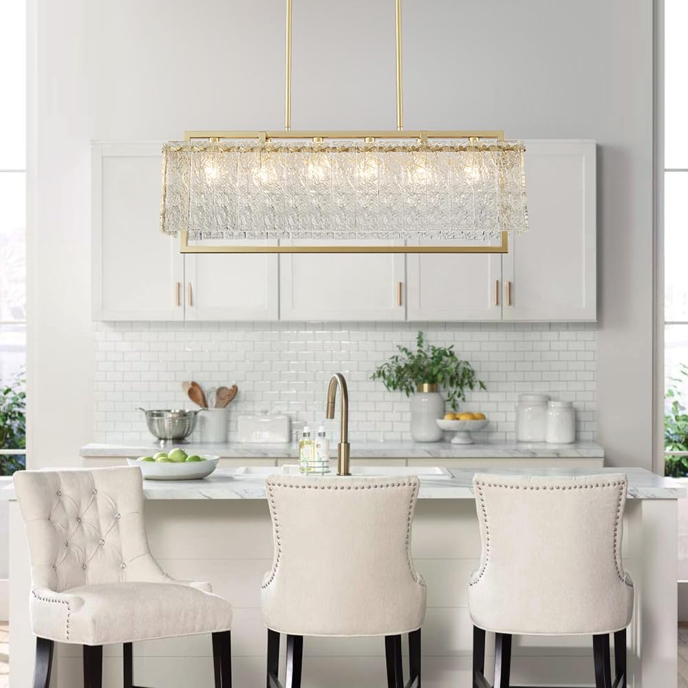Shrine Lighting Gold Chandeliers, Modern Design, Rectangular Glass Chandelier for Living Space, L30'' × W10'' × H12'', Adjustable 78'', 6 x E12 Sockets, Glass LampShade & Brass Finish Frame