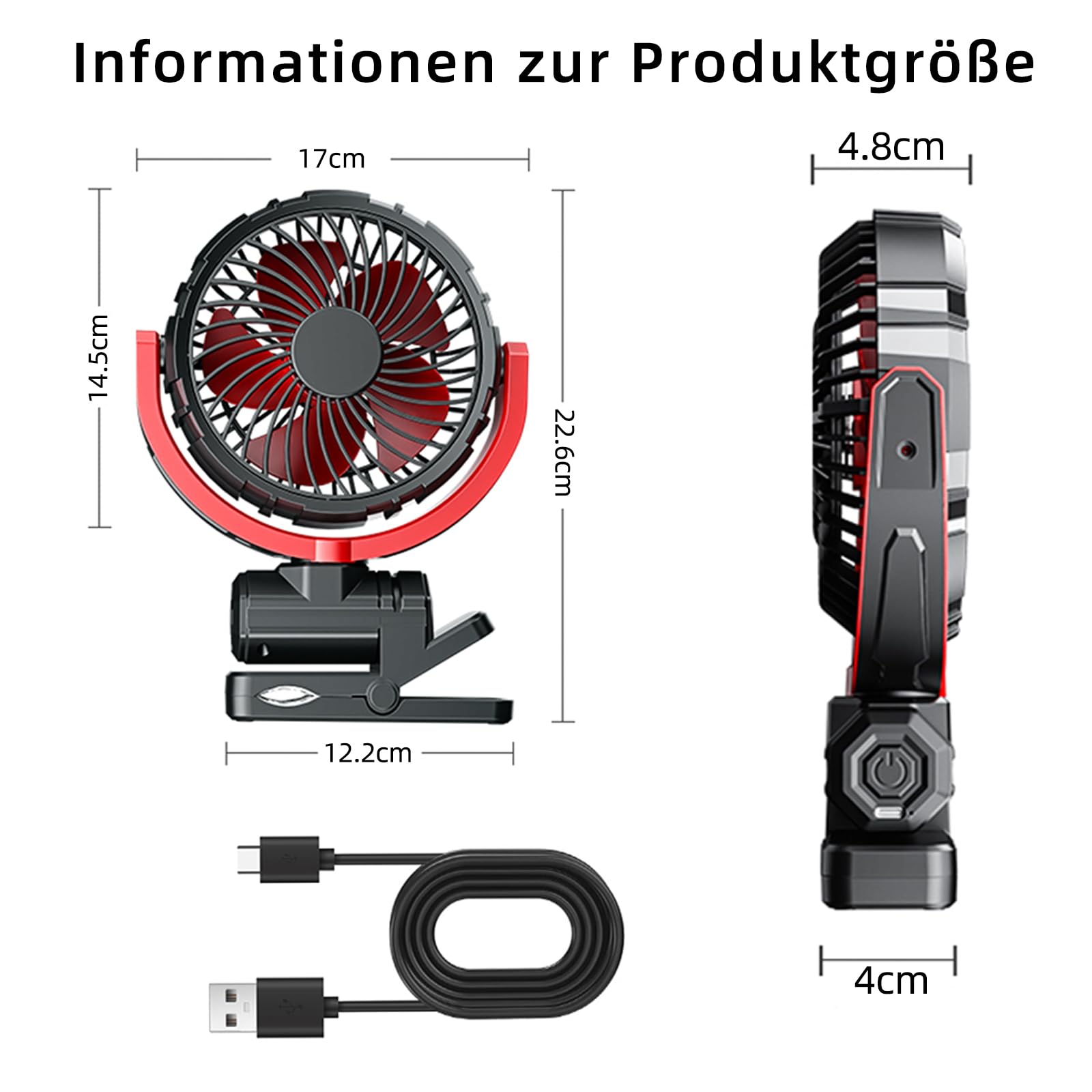 Auto Clip Ventilator,USB C Leise Fan Portable Klein Klemmventilator,360° Verstellbar 3 Stufen Stark Auto Lüfter für Car, SUV, PKW, LKW, Wohnmobil, Pickup, Van Autositz Ventilatoren(Schwarz)