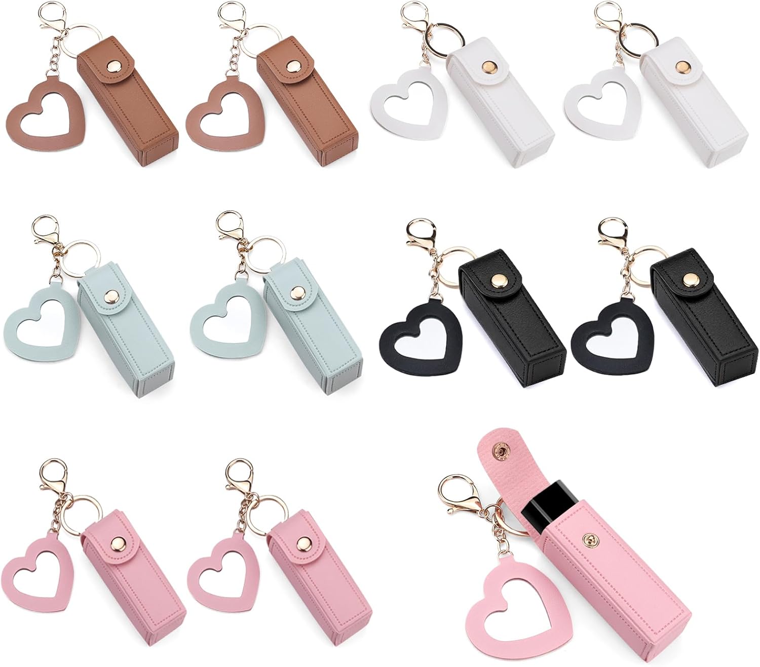 10PCS PU Leather Lipstick Holder Keychain with Heart-Shaped Mirror for Women, Portable Lip Gloss Organizer Small Lip Balm Keychain Holder for Travel Lipstick Storage (5 Colors)
