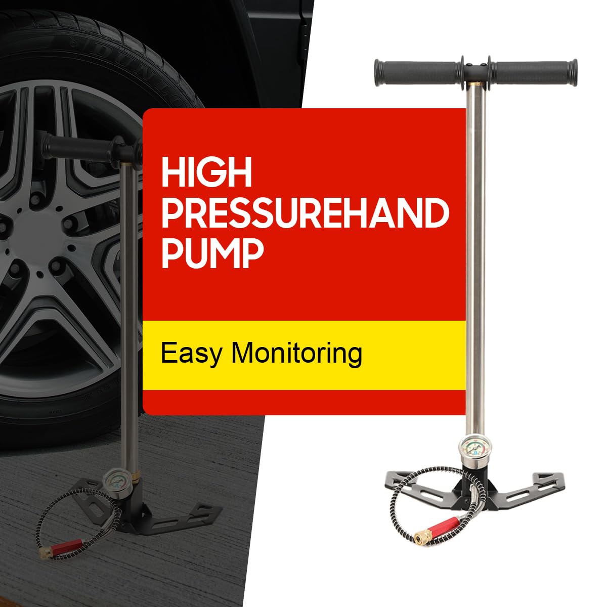 Bomba de Aire 4500 PSI, Bomba Manual de Alta Presión de 3 Etapas Inflador de Aire de Bomba con Manómetro, Bomba de Mano de Acero Inoxidable para Bicicleta, Plegable